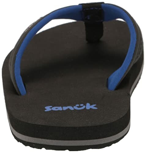 Black and blue flip flop sandal viewed from the back.