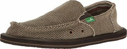 Brown casual slip-on shoe with textured fabric and contoured footbed