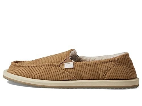 Brown corduroy slip-on shoe with white sole