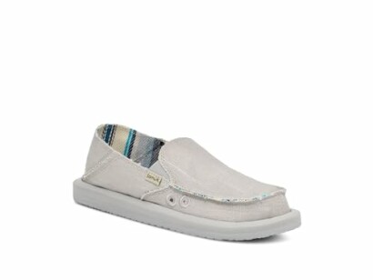 Light gray casual slip-on shoe with a patterned interior.