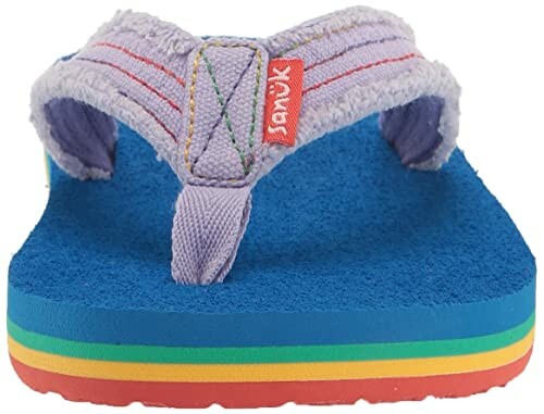 Colorful flip-flop sandal with rainbow stripes and a fun design