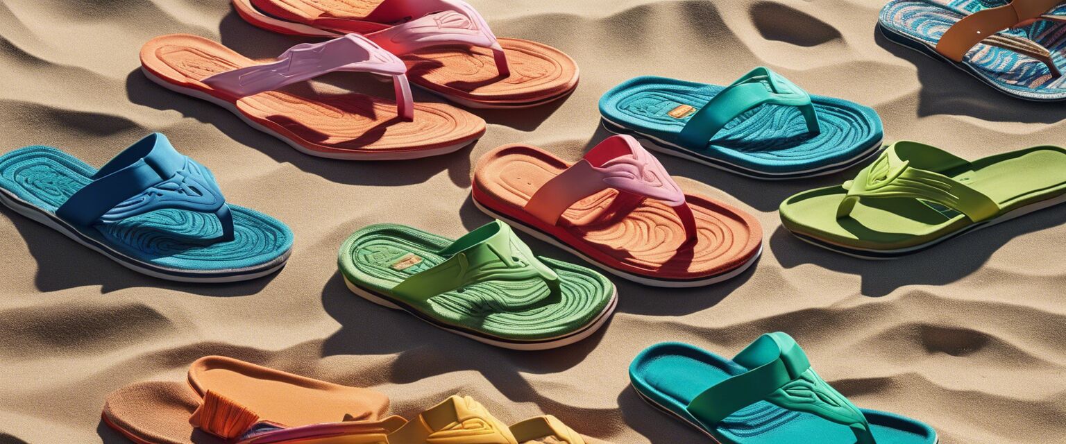 Colorful Sanuk sandals on a beach towel